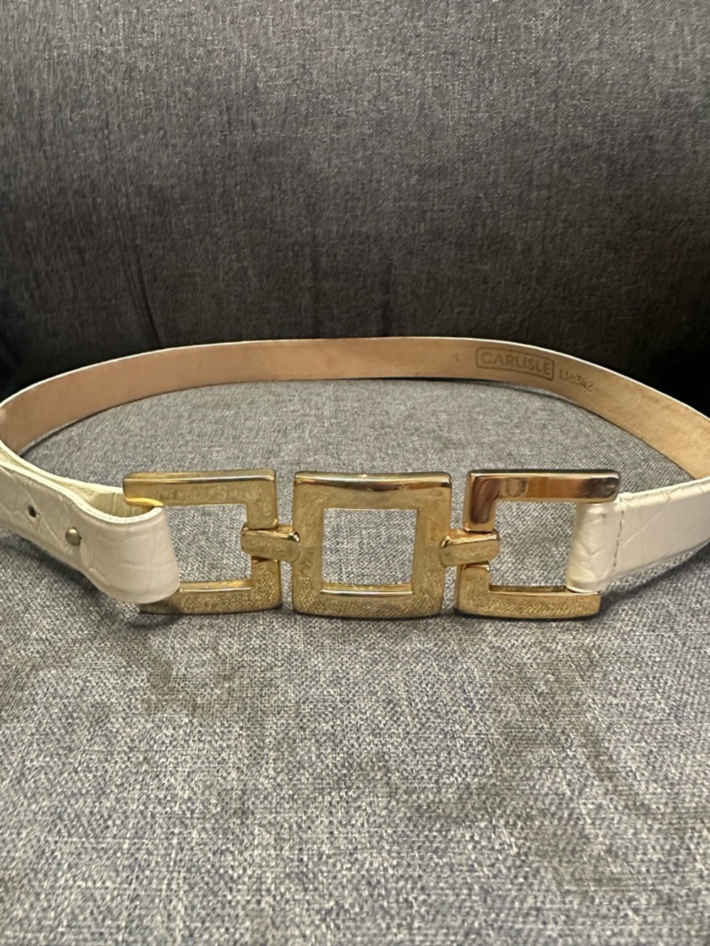 Carlisle White Croc-Embossed Leather Belt with Gold Geometric Buckle - Picture 3 of 10